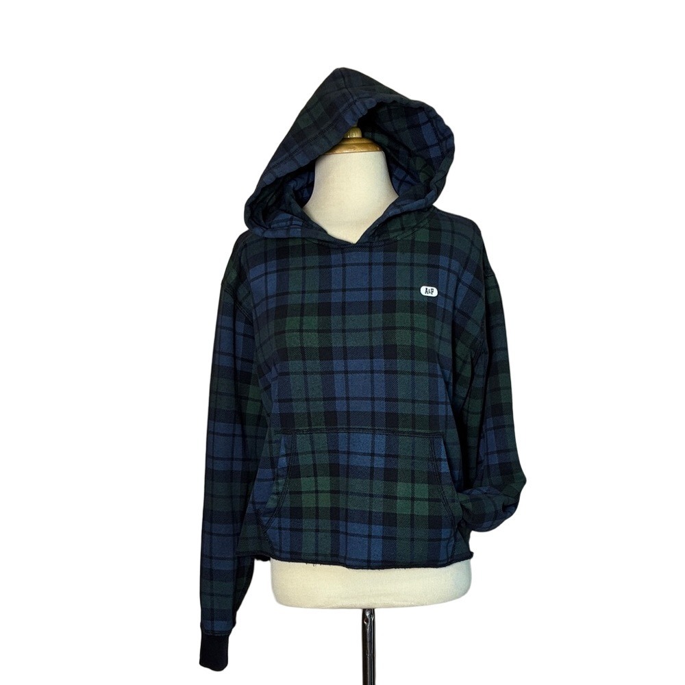 ABERCROMBIE & FITCH Women Medium Navy Tartan Plaid Cropped Hoodie Sweatshirt‎